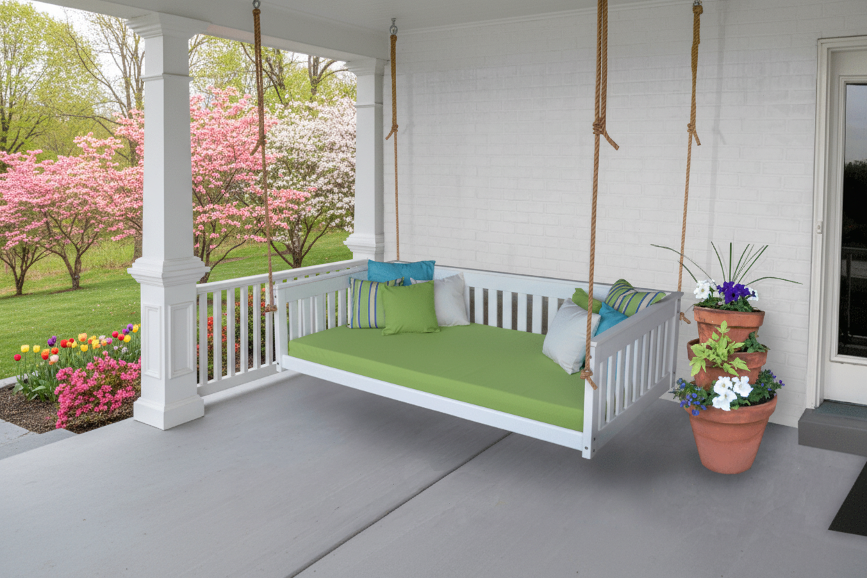 A Lancaster twin size swing bed made of poly material, displayed outdoors with green cushions and pillows, surrounded by a grassy area and a house in the background.