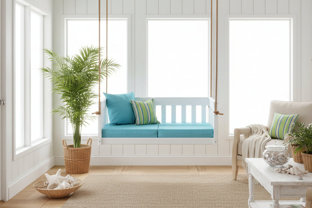 porch swing bed constructed of poly material, with stainless steel connectors and white frame.