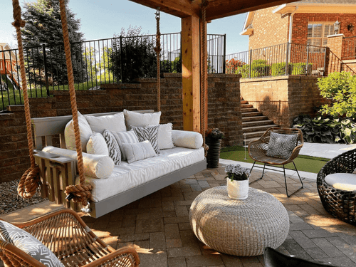 Farmhouse Hanging Bed Swing – Lazy Afternoon Collection | Solid Wood Porch Swing Bed & Cushion Package