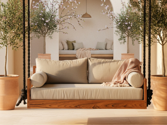 Contemporary Teak Porch Bed Swing – Shadow Ridge Design | Handcrafted in the USA